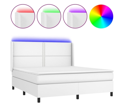 Cama box spring colchón y LED cuero sintético blanco 180x200 cm