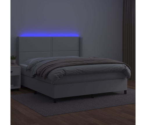 Cama box spring colchón y LED cuero sintético blanco 180x200 cm