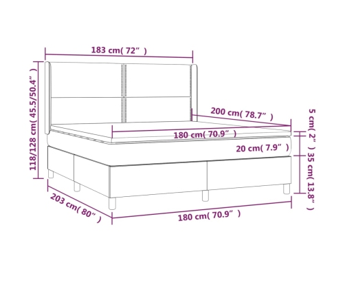 Cama box spring colchón y LED cuero sintético blanco 180x200 cm