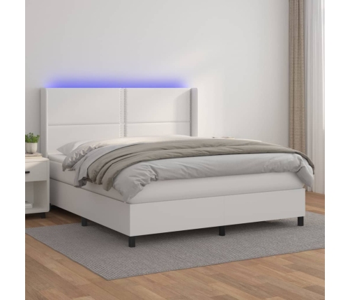 Cama box spring colchón y LED cuero sintético blanco 180x200 cm