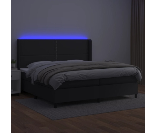 Cama box spring colchón y LED cuero sintético negro 200x200 cm