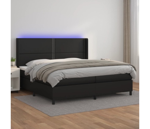 Cama box spring colchón y LED cuero sintético negro 200x200 cm