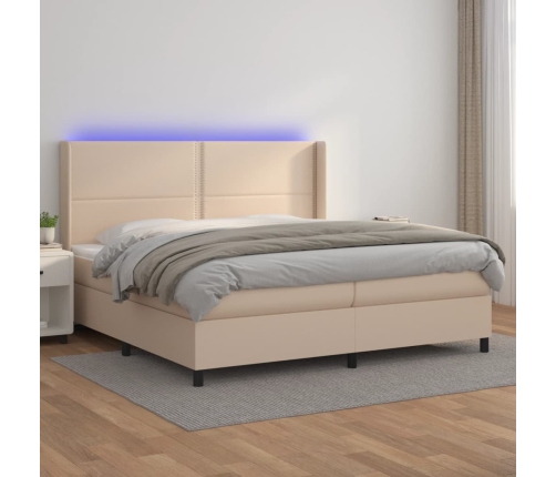 Cama box spring colchón LED cuero sintético capuchino 200x200cm