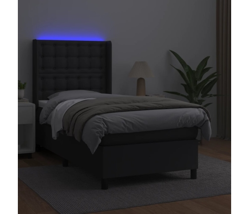 Cama box spring y colchón LED cuero sintético negro 80x200 cm