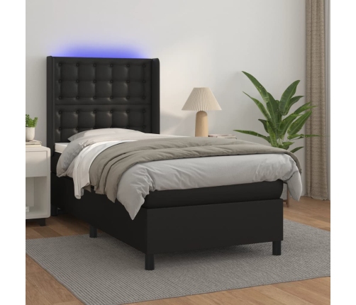 Cama box spring y colchón LED cuero sintético negro 80x200 cm