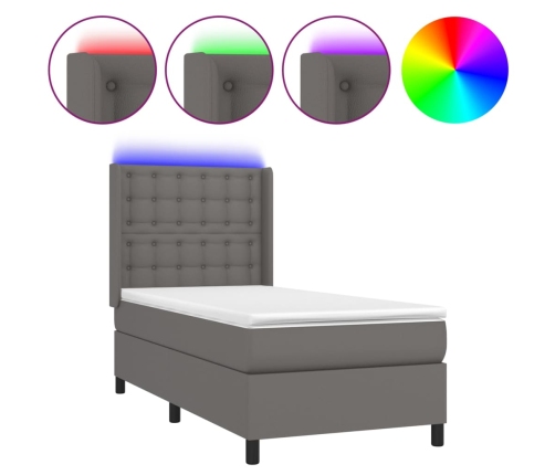 Cama box spring y colchón LED cuero sintético gris 80x200 cm