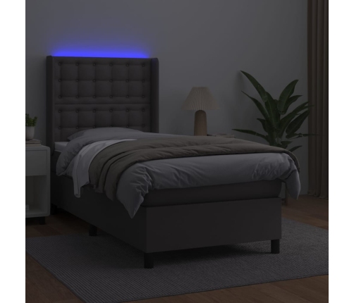 Cama box spring y colchón LED cuero sintético gris 80x200 cm