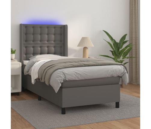 Cama box spring y colchón LED cuero sintético gris 80x200 cm