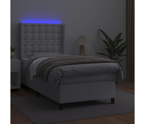 Cama box spring y colchón LED cuero sintético blanco 90x190 cm