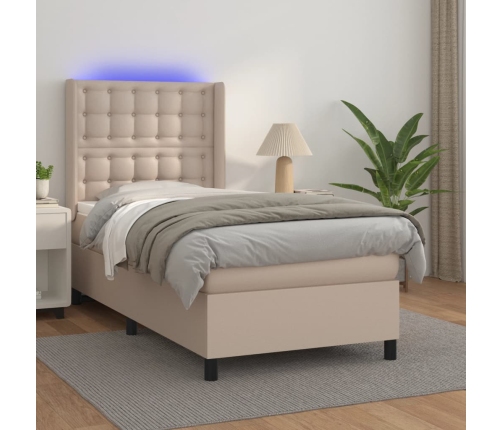 vidaXL Cama box spring colchón LED cuero sintético capuchino 90x190 cm