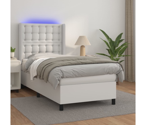 Cama box spring y colchón LED cuero sintético blanco 90x200 cm