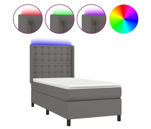 Cama box spring y colchón LED cuero sintético gris 90x200 cm