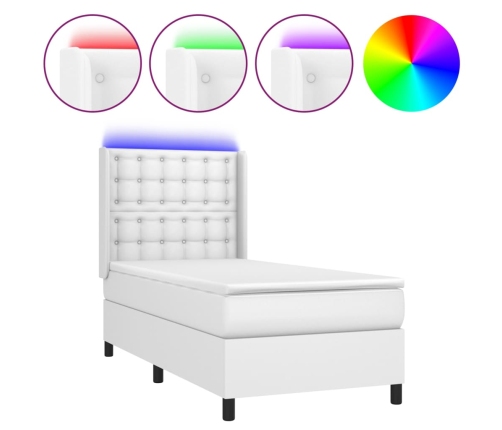 Cama box spring colchón y LED cuero sintético blanco 100x200 cm