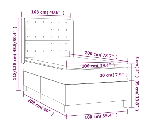 Cama box spring colchón LED cuero sintético capuchino 100x200cm