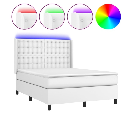 Cama box spring colchón y LED cuero sintético blanco 140x190 cm