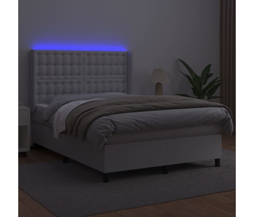 Cama box spring colchón y LED cuero sintético blanco 140x190 cm