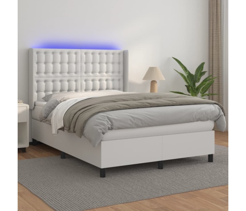 Cama box spring colchón y LED cuero sintético blanco 140x190 cm