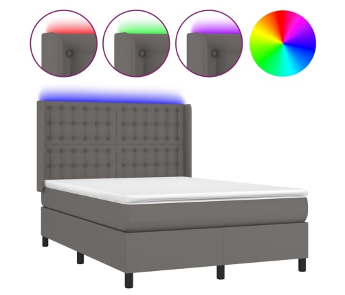 Cama box spring colchón y LED cuero sintético gris 140x190 cm