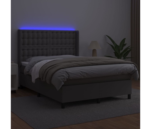 Cama box spring colchón y LED cuero sintético gris 140x190 cm