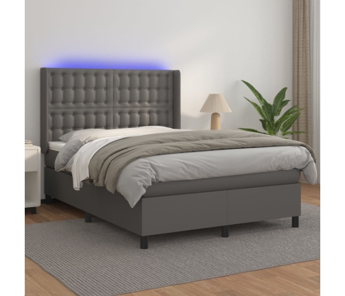 Cama box spring colchón y LED cuero sintético gris 140x190 cm