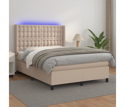 Cama box spring colchón LED cuero sintético capuchino 140x190cm