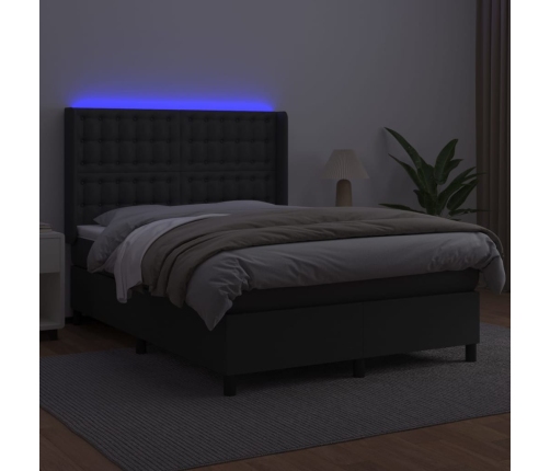 Cama box spring colchón y LED cuero sintético negro 140x200 cm