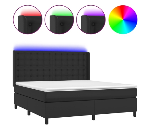 Cama box spring colchón y LED cuero sintético negro 160x200 cm