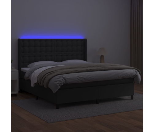 Cama box spring colchón y LED cuero sintético negro 160x200 cm