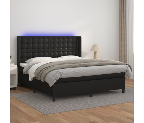 Cama box spring colchón y LED cuero sintético negro 160x200 cm