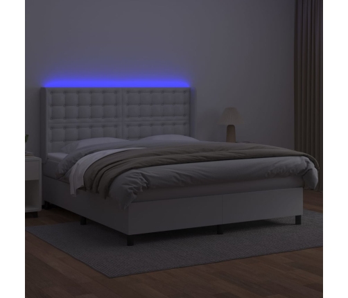 Cama box spring colchón y LED cuero sintético blanco 160x200 cm