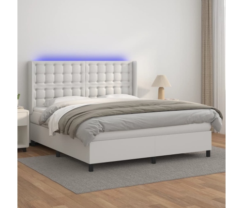 Cama box spring colchón y LED cuero sintético blanco 160x200 cm