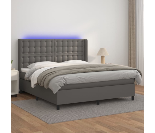 vidaXL Cama box spring colchón y LED cuero sintético gris 160x200 cm