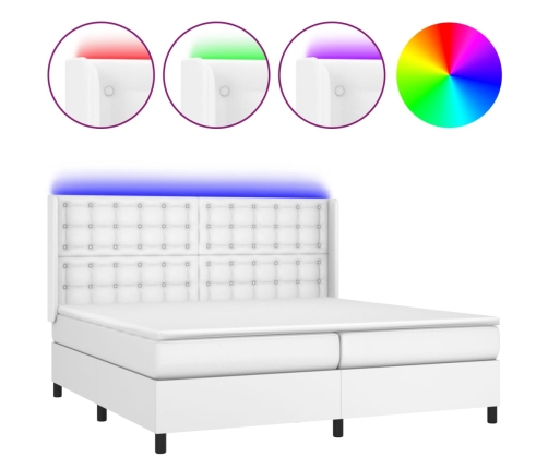Cama box spring colchón y LED cuero sintético blanco 200x200 cm