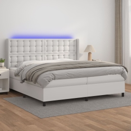 Cama box spring colchón y LED cuero sintético blanco 200x200 cm