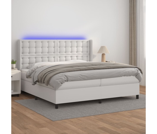 Cama box spring colchón y LED cuero sintético blanco 200x200 cm