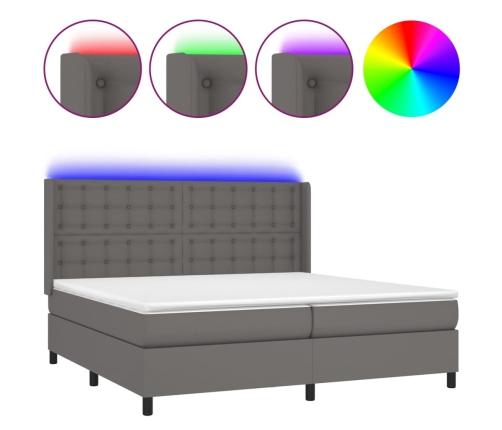 Cama box spring colchón y LED cuero sintético gris 200x200 cm