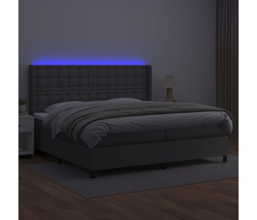 Cama box spring colchón y LED cuero sintético gris 200x200 cm