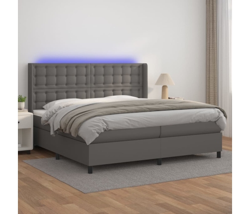 Cama box spring colchón y LED cuero sintético gris 200x200 cm