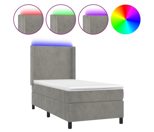 Cama box spring colchón y LED terciopelo gris claro 90x190 cm