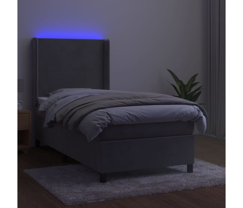 Cama box spring colchón y LED terciopelo gris claro 90x190 cm