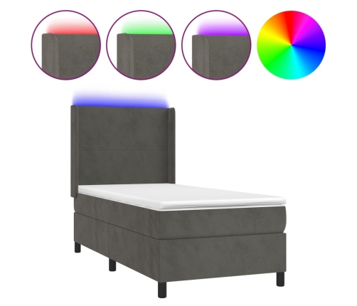 Cama box spring colchón y LED terciopelo gris oscuro 90x190 cm