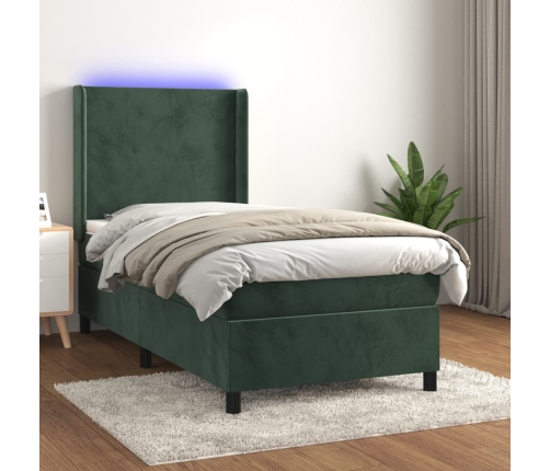 Cama box spring colchón y LED terciopelo verde oscuro 90x190 cm