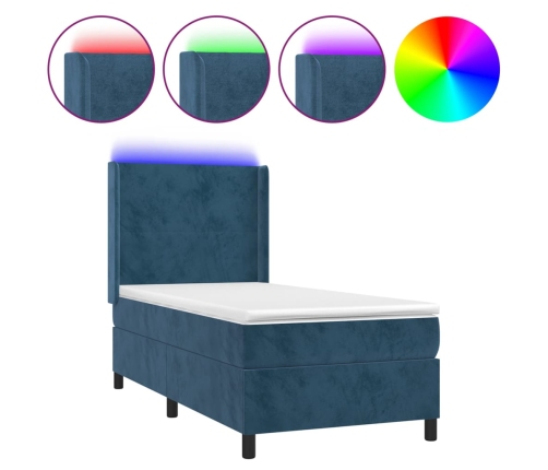 Cama box spring colchón y LED terciopelo azul oscuro 90x190 cm