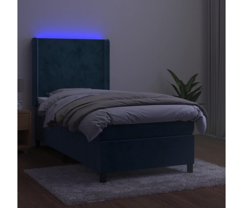 Cama box spring colchón y LED terciopelo azul oscuro 90x190 cm