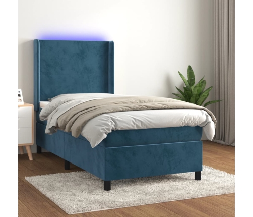 Cama box spring colchón y LED terciopelo azul oscuro 90x190 cm