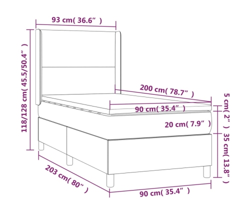 Cama box spring colchón y LED terciopelo azul oscuro 90x200 cm