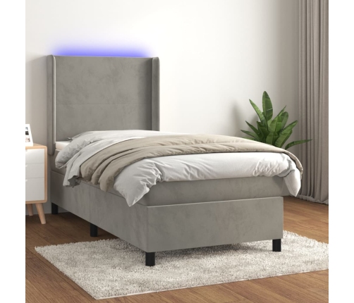 Cama box spring colchón y LED terciopelo gris claro 100x200 cm