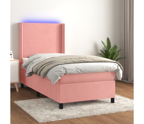 Cama box spring colchón y LED terciopelo rosa 100x200 cm