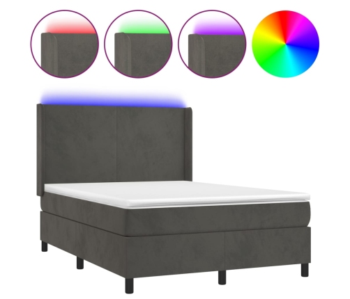 Cama box spring colchón y LED terciopelo gris oscuro 140x190 cm