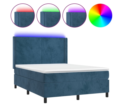 Cama box spring colchón y LED terciopelo azul oscuro 140x190 cm